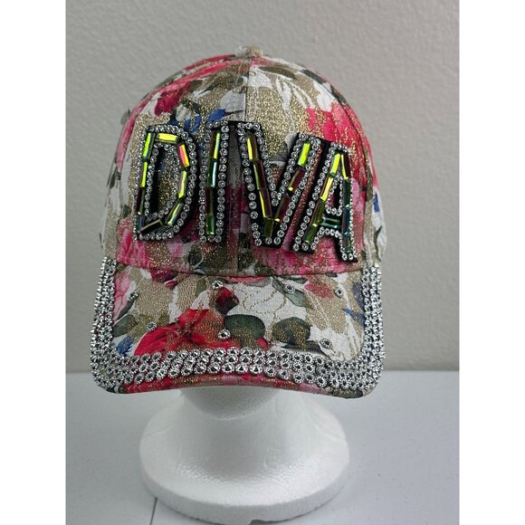 Embellished "DIVA" Floral Baseball Cap With Rhinestones - Picture 1 of 6